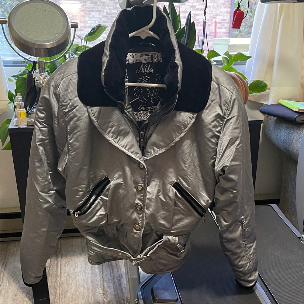 NILS Women's Metallic Gray Bomber Ski Jacket with Black Trim